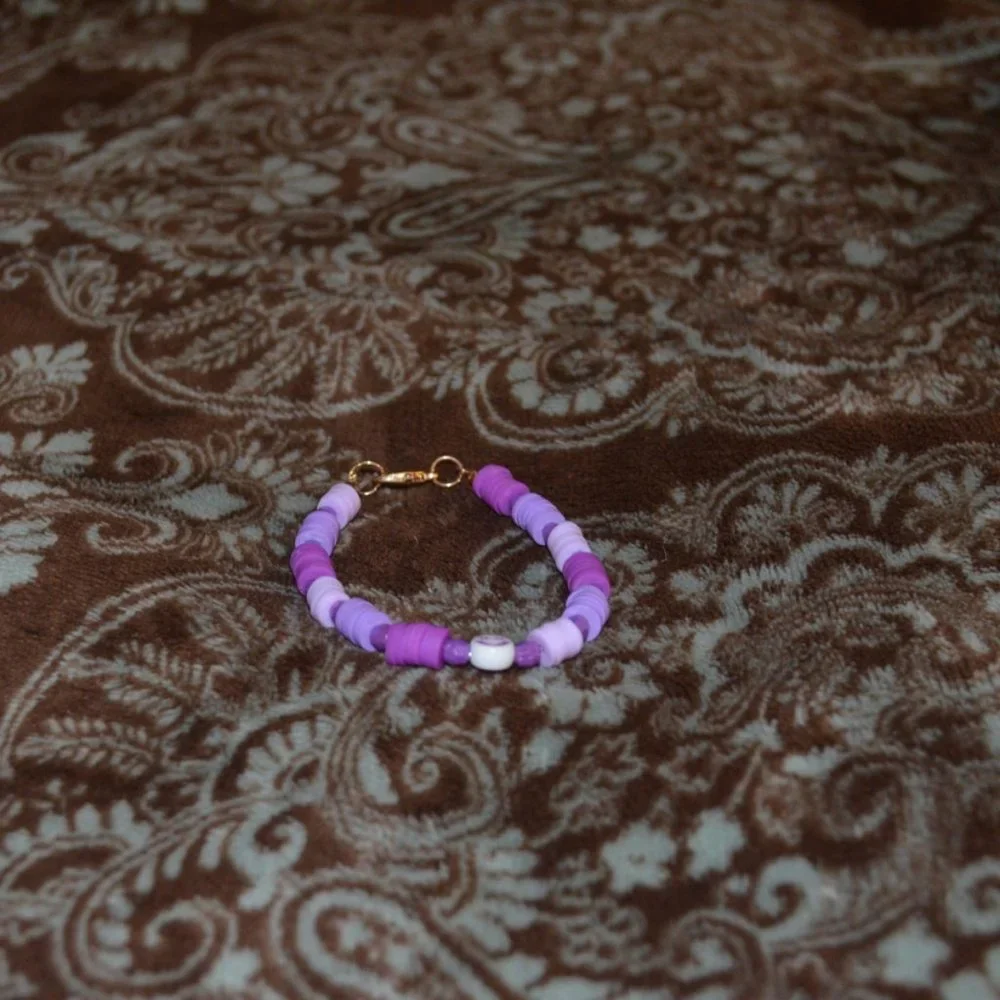 Handmade Clay Beads Elastic Kids Bracelet Purple Smile Image 2.5 length/half